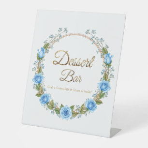 Elegante blaue Rosen- und Baby's Breath-Dessertbar Sockelschild