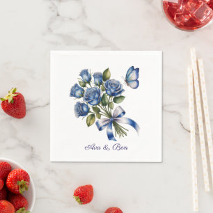Elegante blaue Rosen und Schmetterling silberne Ho Serviette