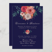 Elegante blaue rote Rosen Einladung zur Hochzeit (Vorne/Hinten)