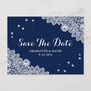 Elegante blaue, rustikale Hochzeit rettet das Datu Ankündigungspostkarte