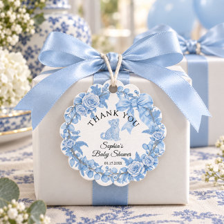 Elegante blaue Safari-Toile-de-Jouy-Baby-Shower Geschenkanhänger