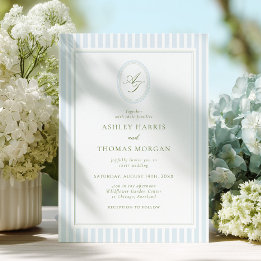 Elegante Blaue & Salbei-Monogramm-Hochzeitseinladu Einladung