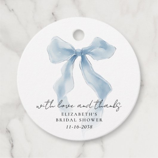 Elegante blaue Schleife Brautdusche Danke Geschenkanhänger (Vorderseite)