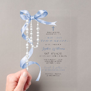 Elegante Blaue Schleife & Rosenkranz Erstkommunion Acryleinladungen