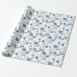 Elegante blaue Schleifen und blumige Zweige Geschenkpapier