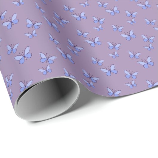 Elegante blaue Schmetterlinge auf Violet Geschenkpapier (Rolleneckpunkt)