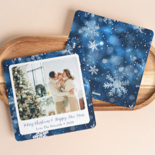 Elegante blaue Schneeblume-Festtagskarte mit Foto Feiertagskarte