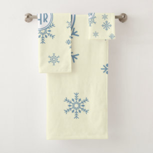 Elegante blaue Schneeflocken im weißen Hintergrund Badhandtuch Set