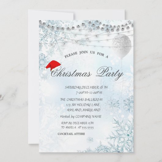 Elegante blaue Schneeflocken, Lichter, Ballon, Wei Einladung (Vorderseite)