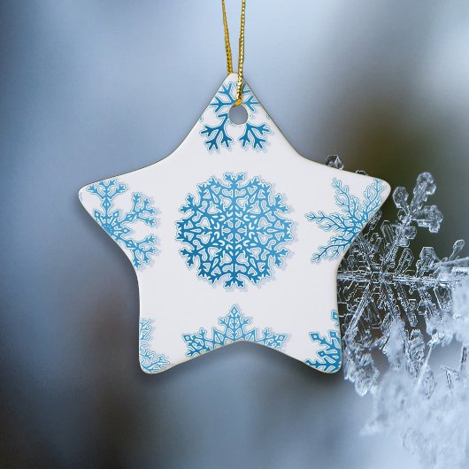 Elegante Blaue Schneeflocken Weiße Weihnachten Keramik Ornament