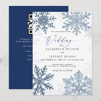 Elegante blaue Schneeflocken Winter QR-Code Hochze Einladung