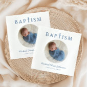 Elegante Blaue Schrift Foto Taufe Serviette