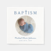 Elegante Blaue Schrift Foto Taufe Serviette (Vorderseite)