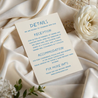 Elegante Blaue Schrift-Typografie Hochzeitsdetails Begleitkarte
