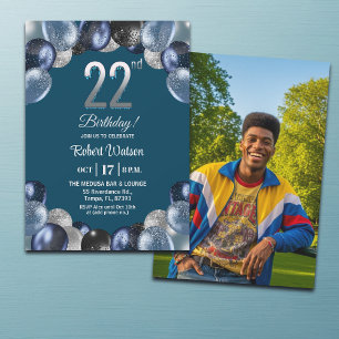 Elegante blaue Silber-Glitter 22. Geburtstagsfoto Einladung