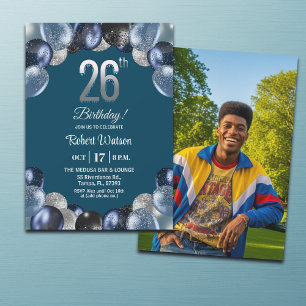 Elegante blaue Silber-Glitter 26. Geburtstagsfoto Einladung