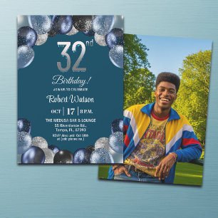 Elegante blaue Silber-Glitter 32. Geburtstagsfoto Einladung