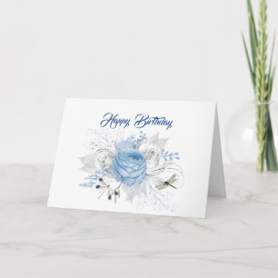 Elegante Blaue Silber Libelle Blumen Geburtstag Karte