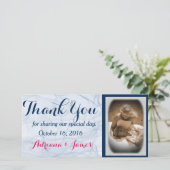 elegante blaue Skript Hochzeit Foto Dankeschön-Kar Dankeskarte (Stehend Vorderseite)