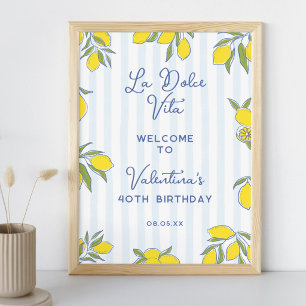 Elegante blaue Streifen & handgezeichnete Zitronen Poster