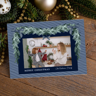 Elegante blaue Streifen Weihnachtsgrün Foto Feiertagskarte