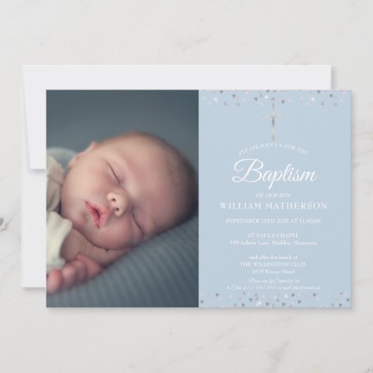 Elegante blaue Taufe, Christening-Foto Einladung (Vorderseite)