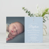 Elegante blaue Taufe, Christening-Foto Einladung (Stehend Vorderseite)
