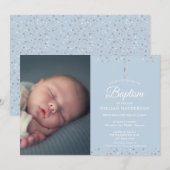 Elegante blaue Taufe, Christening-Foto Einladung (Vorne/Hinten)