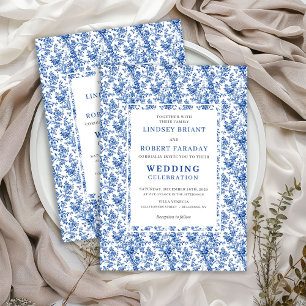 Elegante blaue Toile-Blumen-Hochzeits-Einladungen Einladung