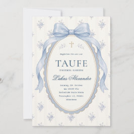 Elegante blaue Toile-Blumen-Schleife Jungen-Taufe Einladung
