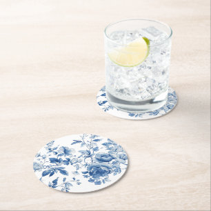 Elegante blaue Toile Chinoiserie Brautparty Runder Pappuntersetzer
