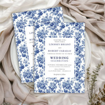 Elegante blaue Toile-de-Jouy-Hochzeits-Einladung