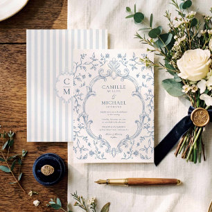 Elegante blaue Toile-Wappen-Hochzeitseinladung Einladung