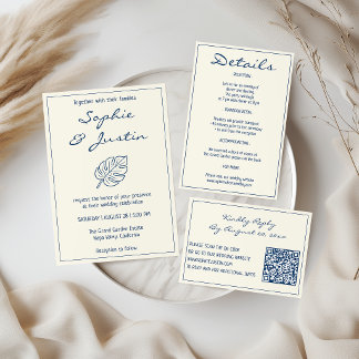 Elegante blaue tropische Blatt-Hochzeitsdetails Begleitkarte