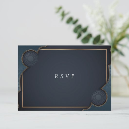 Elegante blaue Türkis und Gold Moderne RSVP Karte (Stehend Vorderseite)
