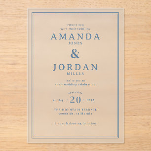 Elegante blaue typografische Hochzeitseinladung Acryleinladungen