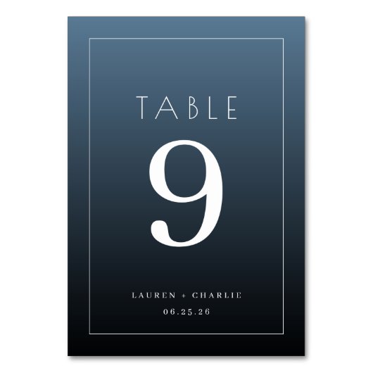 Elegante blaue typografische Tischnummer (Vorderseite)