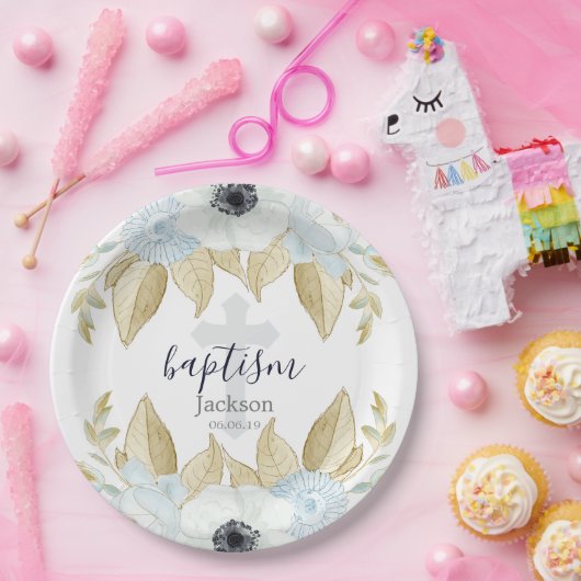 Elegante blaue u. weiße Blumenquerbaby-Taufe Pappteller (Party)