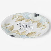 Elegante blaue u. weiße Blumenquerbaby-Taufe Pappteller (Schrägansicht)