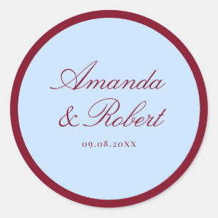 Elegante blaue und burgunderrote Schrift Hochzeit Runder Aufkleber