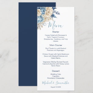 Elegante blaue und elfenbeinfarbene Hochzeit mit R Menükarte