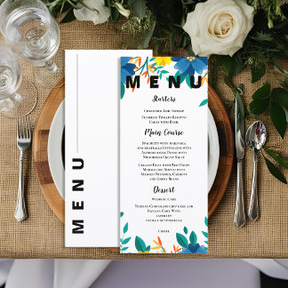 Elegante blaue und gelbe Blumen-Gartenhochzeit Menükarte