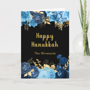 Elegante blaue und goldene Blumen Chanukka-Party Feiertagskarte