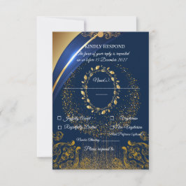 Elegante blaue und goldene Blumen-RSVP-Karte | RSVP Karte