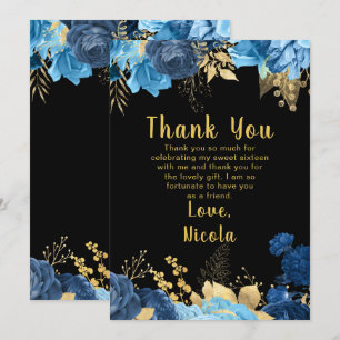 Elegante blaue und goldene Blumen Sweet Sixteen Dankeskarte