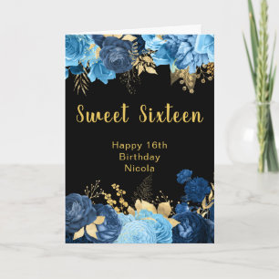 Elegante blaue und goldene Blumen Sweet Sixteen Karte