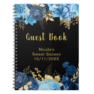 Elegante blaue und goldene Blumen Sweet Sixteen Notizblock