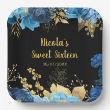 Elegante blaue und goldene Blumen Sweet Sixteen