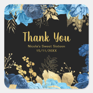 Elegante blaue und goldene Blumen Sweet Sixteen Quadratischer Aufkleber
