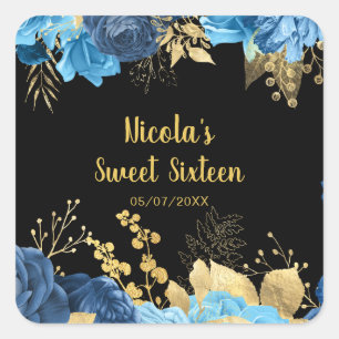 Elegante blaue und goldene Blumen Sweet Sixteen Quadratischer Aufkleber